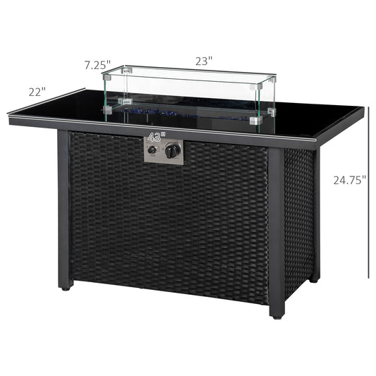 Outsunny Propane Fire Pit Table 43in Outdoor Fire Table, 50,000 BTU Pulse-Ignition Wicker Firepit Furniture with Glass Wind Guard, Blue Glass Rock, CSA Certification, Black