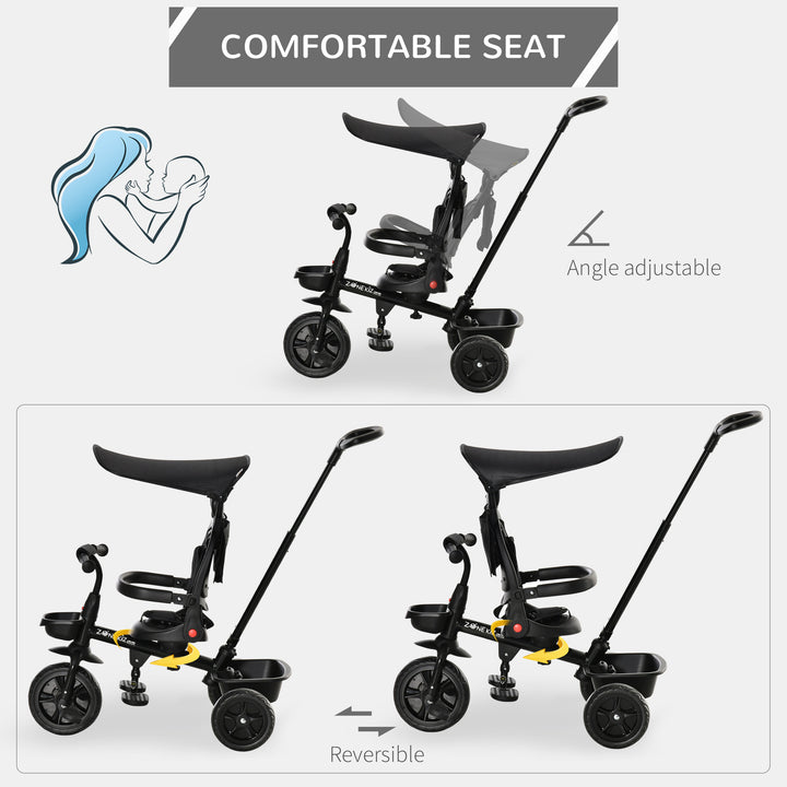 Qaba Kids Tricycle 4 In 1 Trike with Reversible Angle Adjustable Seat Removable Handle Canopy Handrail Belt Storage Footrest Brake Clutch for 1-5 Years Old Black