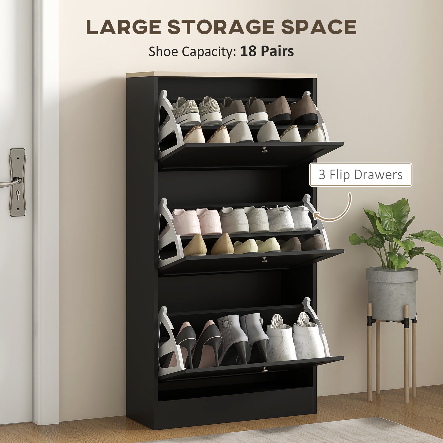 HOMCOM Modern Shoe Storage with 3 Flip Drawers and Adjustable Shelves, Shoe Cabinet Organizer for 18 Pairs of Shoes, White