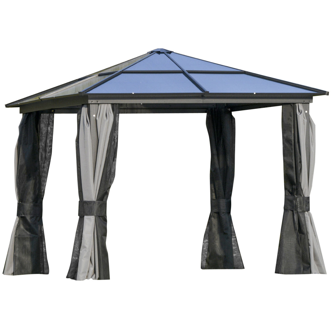 Outsunny 10x10ft Hardtop Gazebo with Aluminum Frame, Polycarbonate Gazebo Canopy with Curtains and Netting