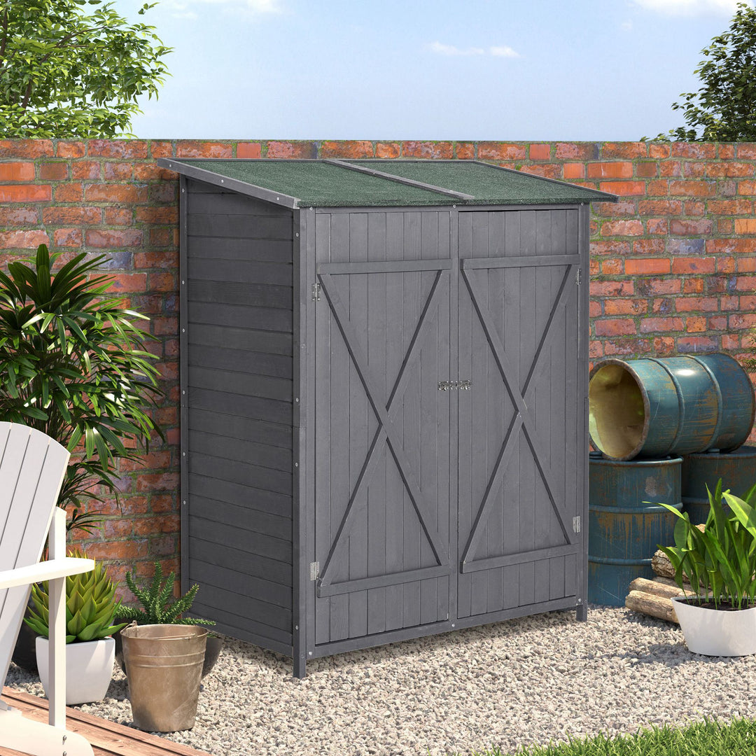Outsunny Garden Storage Shed Asphalt Roof Wooden Timber Double Door Utility Storage House with Shelf, Green and Grey