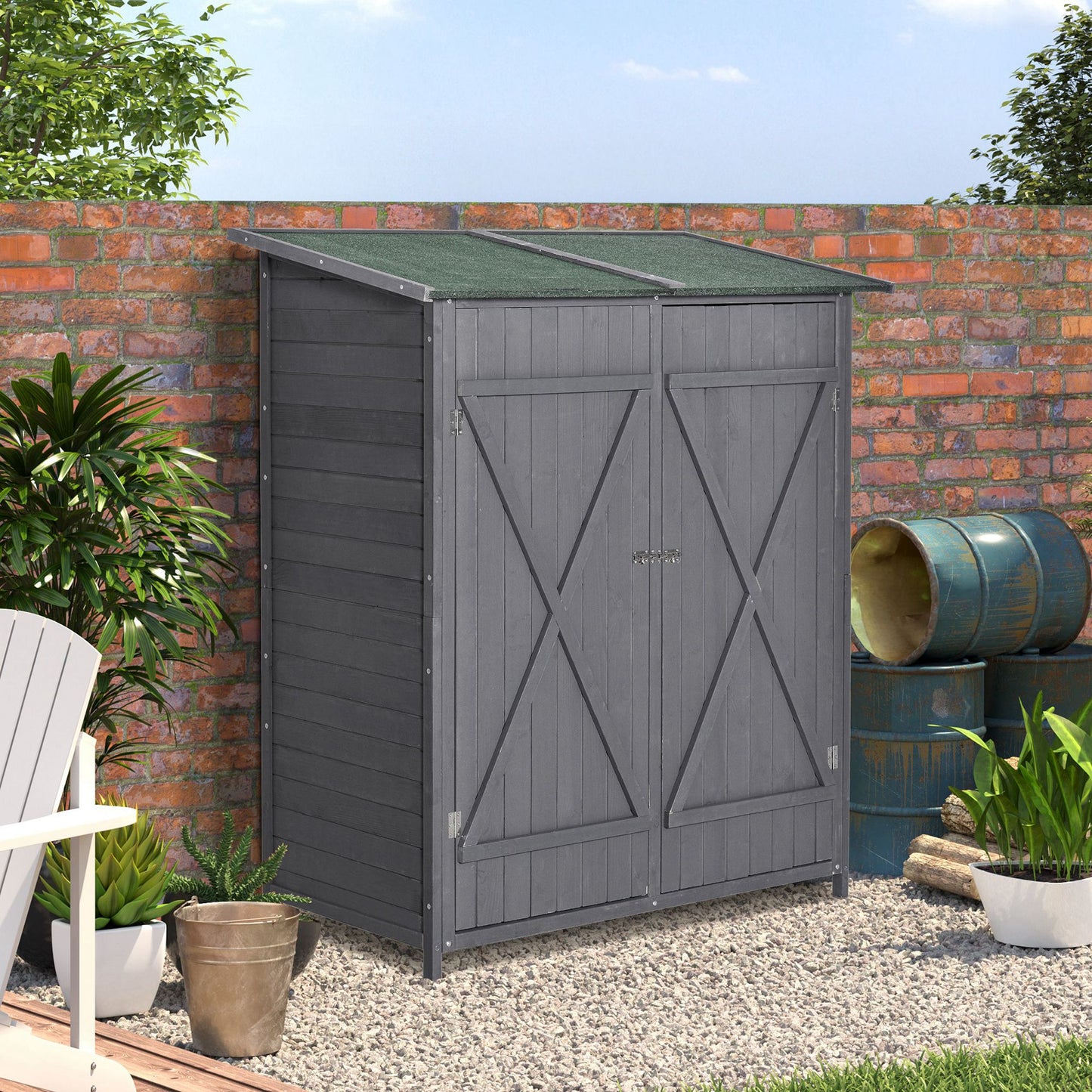 Outsunny 54.75''x29.5''x63'' Garden Storage Shed Asphalt Roof Wooden Timber Double Door Utility Storage House w/ Movable Shelf & Fixed Fittings