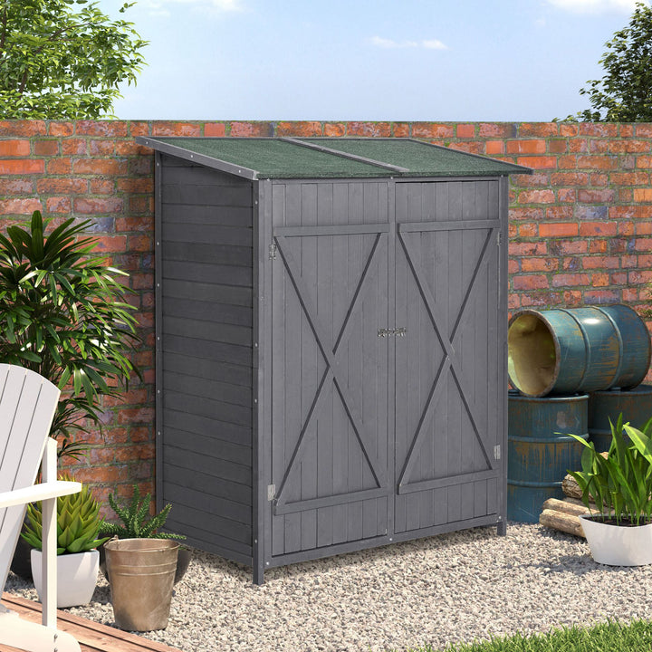 Outsunny Garden Storage Shed Asphalt Roof Wooden Timber Double Door Utility Storage House with Shelf, Green and Grey