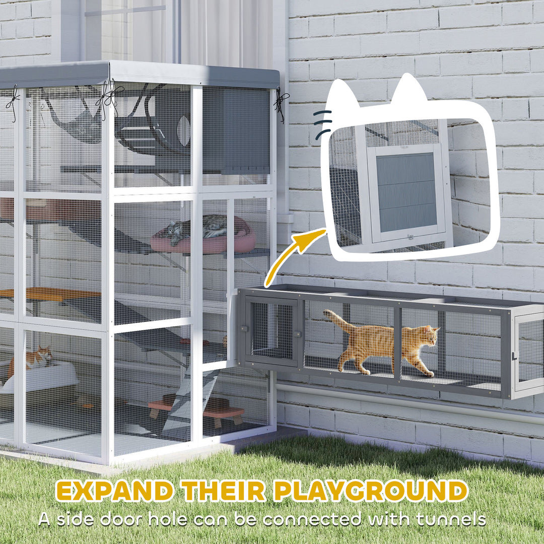 PawHut 71" Catio Outdoor Cat Enclosure w/ Weatherproof Tarp, Hammock, Condo, Jump Platforms, Ladders, Ramps, for 2-4 Kittens