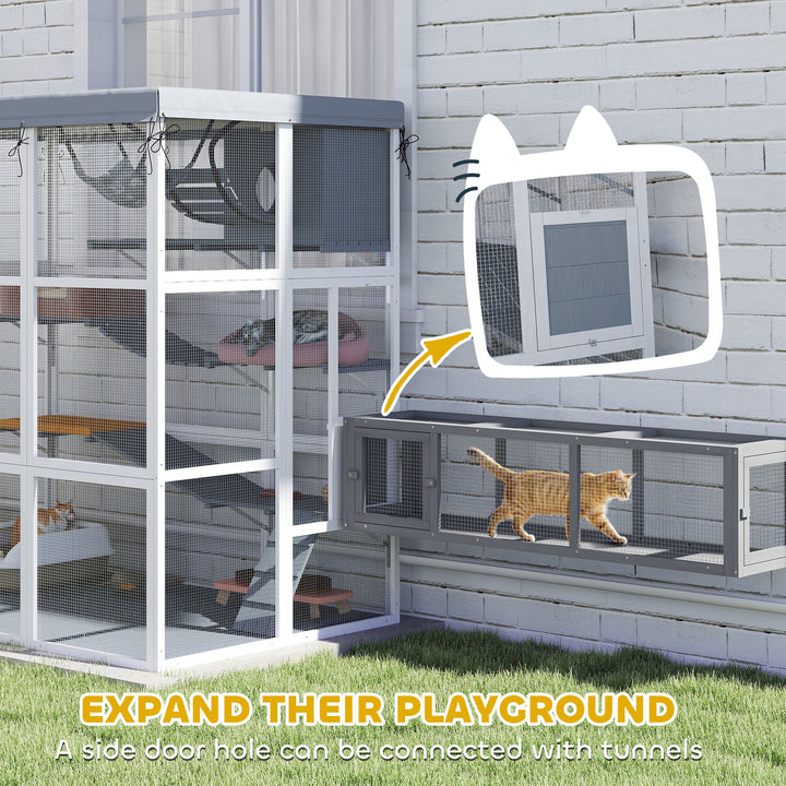 PawHut 71" Catio Outdoor Cat Enclosure w/ Weatherproof Tarp, Hammock, Condo, Jump Platforms, Ladders, Ramps, for 2-4 Kittens