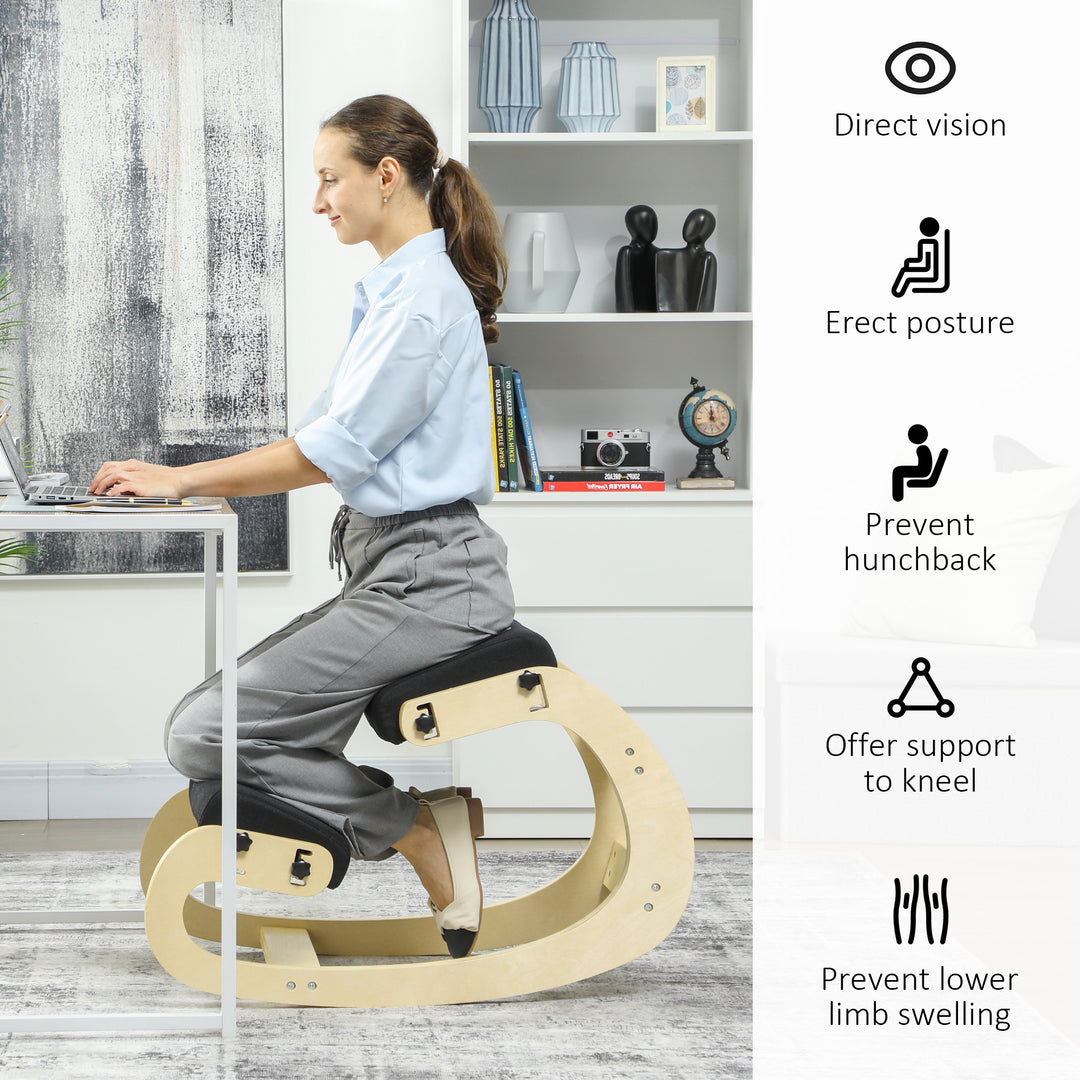 HOMCOM Ergonomic Kneeling Chair, Adjustable Rocking Wood Kneeling Stool, Desk Chair, Improve Posture, Cream White