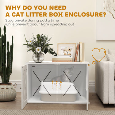 PawHut Hidden Cat Litter Box Enclosure with Double Doors, Hole, Pet House Side End Table, 31.5" x 19" x 20", White