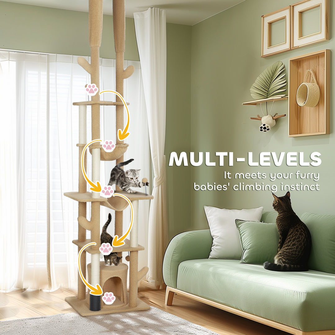 PawHut 89"-100" Floor to Ceiling Cat Tree Cat Tower for Large Cats w/ Scratching Posts, Grooming Brush Post, Cat Condo, Green