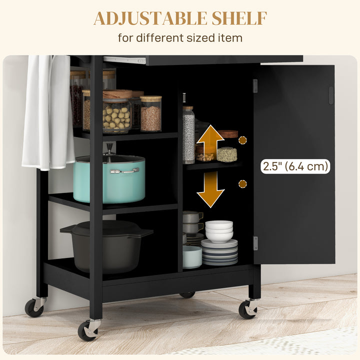 HOMCOM Modern Rolling Kitchen Island Cart with Drawer, Natural Wood Top, Towel Rack, Door Storage Cabinet, Black