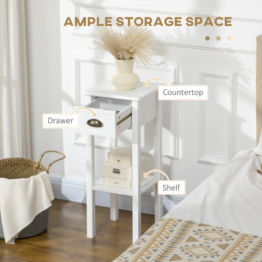 HOMCOM 2 Tier Side Table, Set of 2, Narrow Tall End Table with Drawer and Shelf, Slim Wooden Nightstand for Living Room, Bedroom, Hallway, White