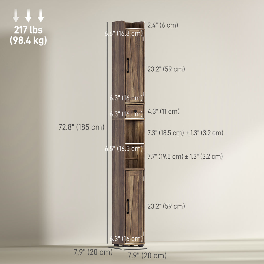 HOMCOM Narrow Bathroom Cabinet, Tall Bathroom Storage Cabinet with Barn Doors, Drawer and Adjustable Shelves, Brown Wood Grain