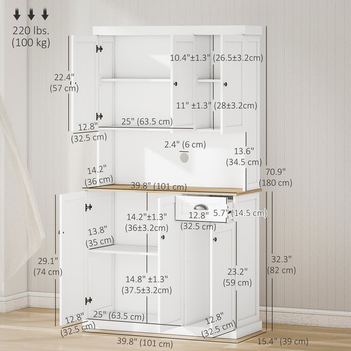 HOMCOM 71" Kitchen Pantry Buffet with Hutch Storage Cabinet Microwave Oven Stand with Drawer, White, Oak