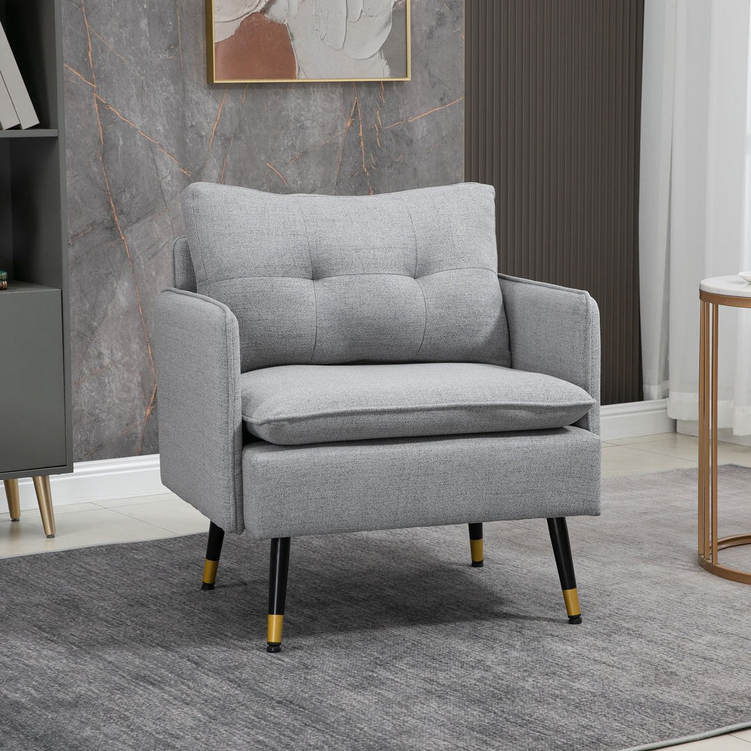 HOMCOM Modern Armchair, Upholstered Accent Chair with Tufted Back Cushion and Steel Legs for Living Room, Bedroom, Grey