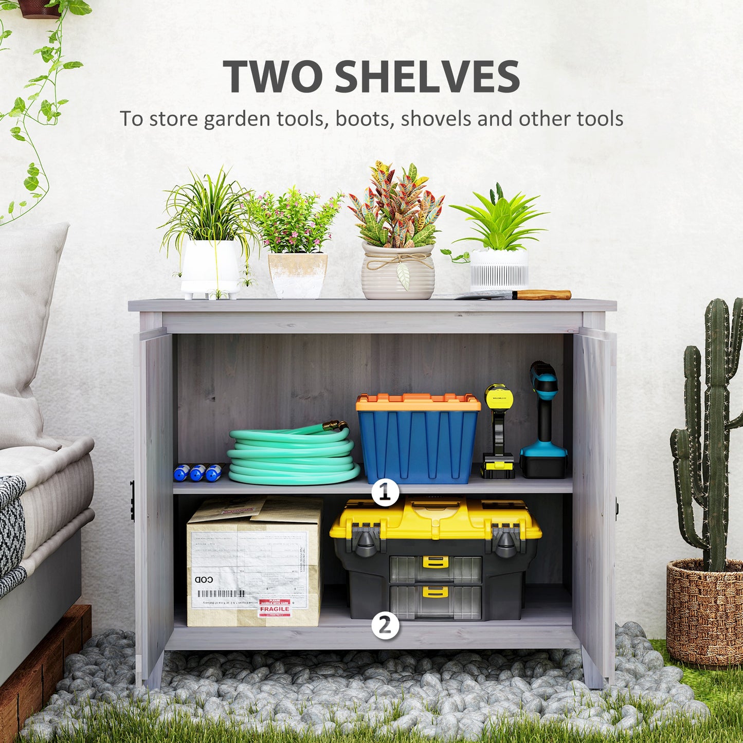 Outsunny Wooden Outdoor Storage Cabinet, Garden Shed Potting Shed with Shelf and Double Doors, Light Grey