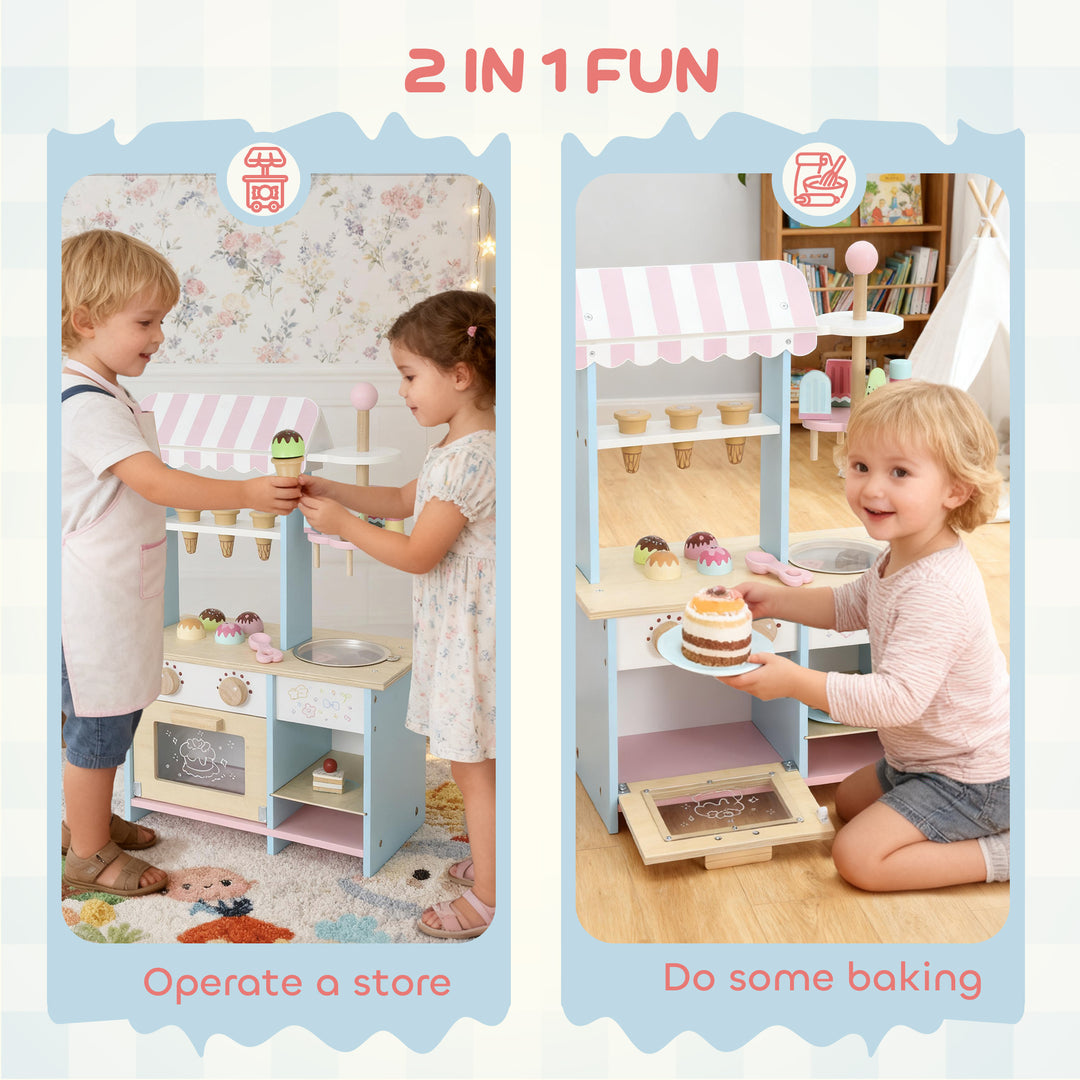 Qaba Wooden Ice Cream Toy Shop Kids, Pretend Play Food Store with Toy Food and Oven for Boys and Girls Aged 3+