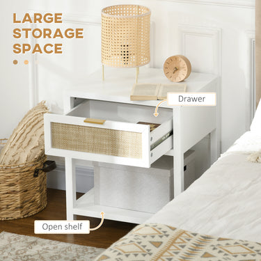 HOMCOM Boho Nightstand, Bedside Table with Rattan Drawer and Open Shelf, Side End Table for Bedroom, Living Room