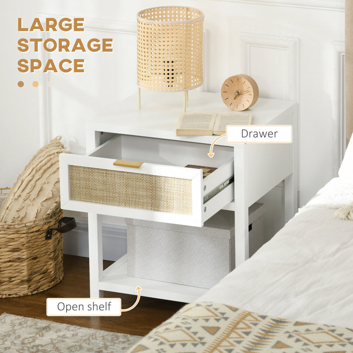 HOMCOM Boho Nightstand, Bedside Table with Rattan Drawer and Open Shelf, Side End Table for Bedroom, Living Room