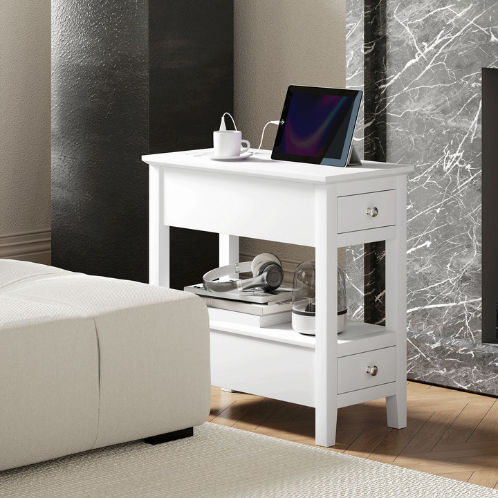 HOMCOM Narrow Side Table with Charging Station, USB Ports, Modern End Table with Storage Shelf, Drawers for Living Room, White