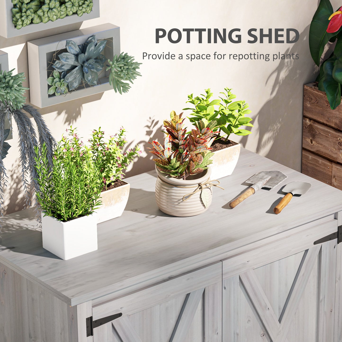 Outsunny Wooden Outdoor Storage Cabinet, Garden Shed Potting Shed with Shelf and Double Doors, Light Grey