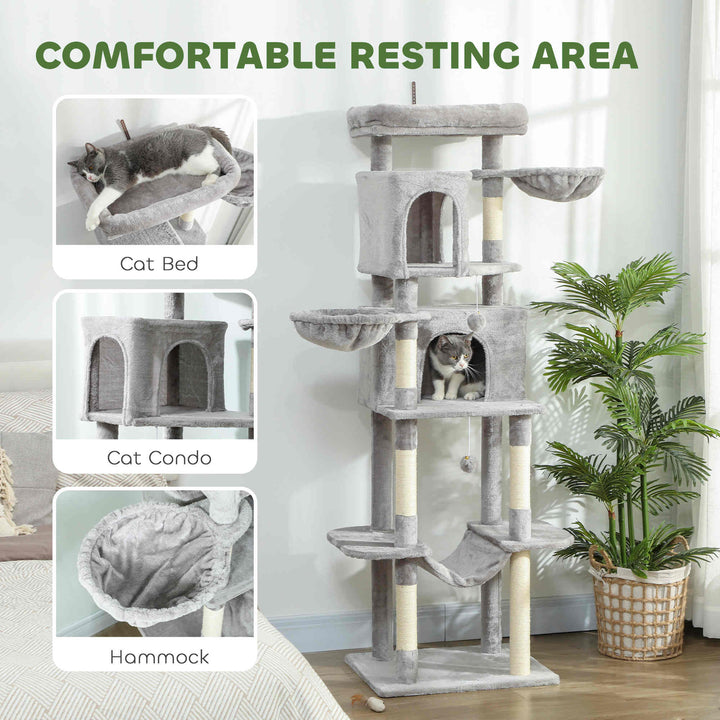 PawHut 69" Cat Tree, Multi-Level Cat Tower with 2 Condos, Plush Perch and Sisal Scratching Posts, Dark Grey