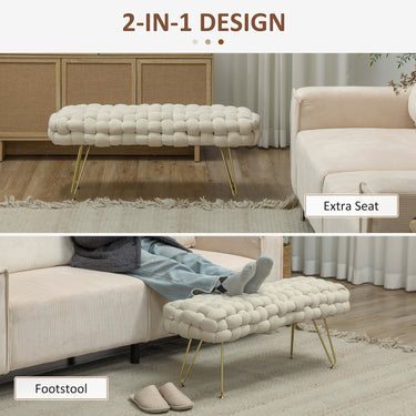 HOMCOM Upholstered Velvet End of Bed Bench 39" Woven End of Bed Bench with Gold Metal Legs for Entryway, Cream White
