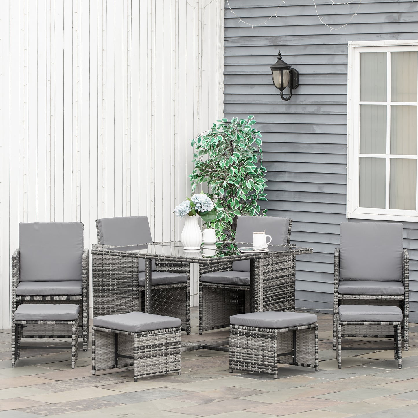 Outsunny 9 Pieces Patio Wicker Dining Set, PE Rattan Garden Sectional Sofa Outdoor Space-Saving Furniture Sets, White