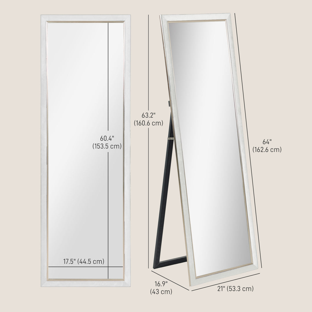 HOMCOM Floor Standing Mirror, Full Body Mirror, Free Standing, Leaning or Wall Mirror with Frame for Bedroom, Silver