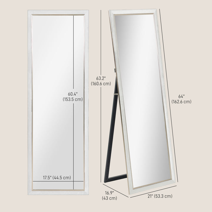 HOMCOM Floor Standing Mirror, Full Body Mirror, Free Standing, Leaning or Wall Mirror with Frame for Bedroom, Silver