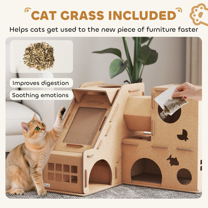PawHut Multi-Level Cardboard Cat House, Corrugated Cardboard Play Condo with Scratching Pads for Indoor Kittens