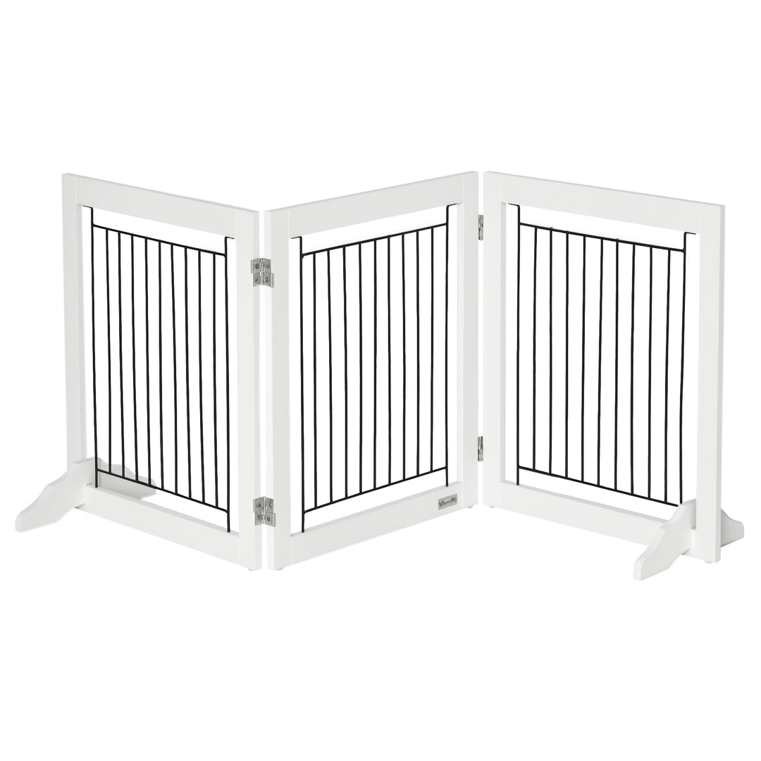PawHut Freestanding Pet Gate, Folding Dog Gate with 2 Support Feet, 24" High, 3 Panels, for Small Dogs, Indoor Use - White