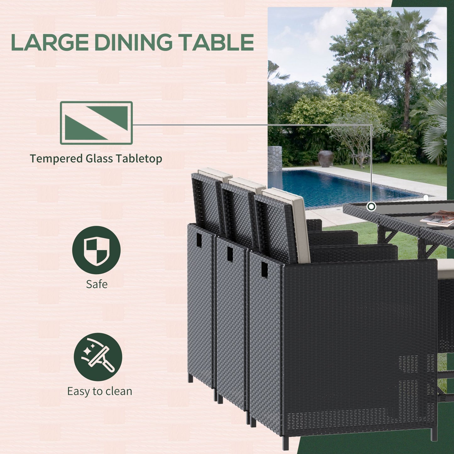 Outsunny 11 Pieces Wicker Patio Dining Set, Space-saving Outdoor Furniture Set with Removable Cushions, Glass Top Dining Table, 6 Armchairs, 4 Ottomans, PE Rattan Conversation Set