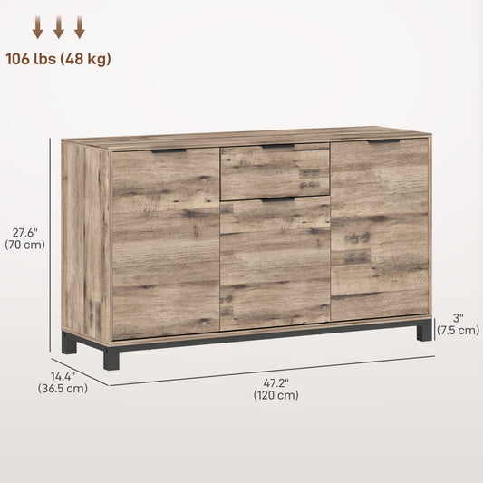 HOMCOM 47" Buffet Cabinet, Industrial Sideboard with 3 Doors, Drawer, 2 Adjustable Shelves for Living Room, Brown Wood Grain