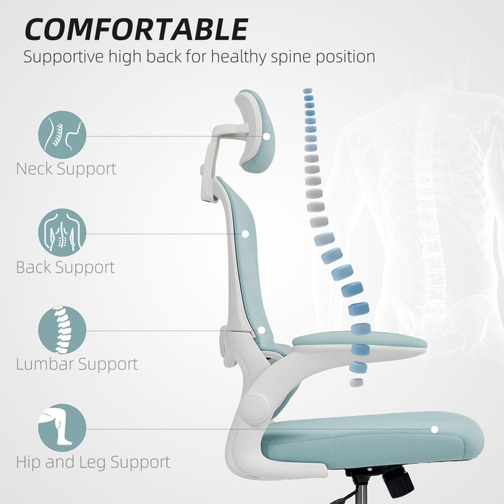 HOMCOM Ergonomic Mesh Office Chair, High Back Desk Chair with Rotatable Headrest, Flip-Up Armrests, Lumbar Support, Grey