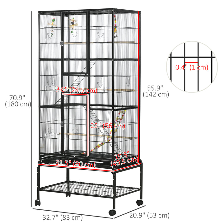 PawHut 71" Bird Cage with Wheels Perches, Ramp, Storage Shelf, Toys for Canaries, Finches, Cockatiels, Parakeets, White