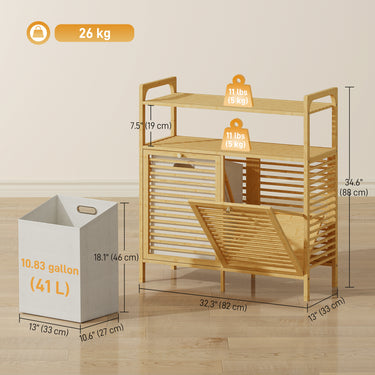 HOMCOM Tilt Out Laundry Hamper, Bamboo Laundry Cabinet with 2 Removable Baskets and 2-Tier Shelves for Laundry Room, Natural