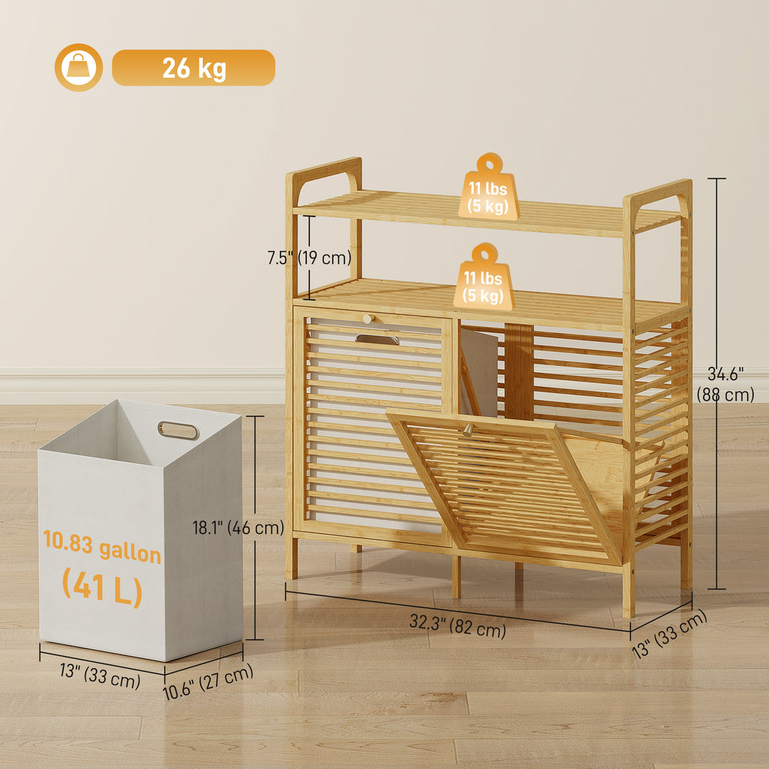HOMCOM Tilt Out Laundry Hamper, Bamboo Laundry Cabinet with 2 Removable Baskets and 2-Tier Shelves for Laundry Room, Natural
