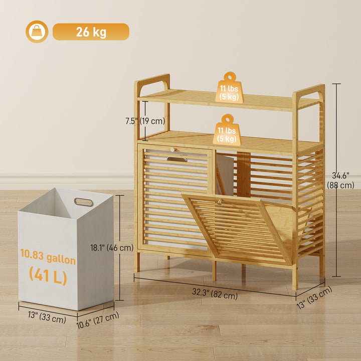 HOMCOM Tilt Out Laundry Hamper, Bamboo Laundry Cabinet with 2 Removable Baskets and 2-Tier Shelves for Laundry Room, Natural