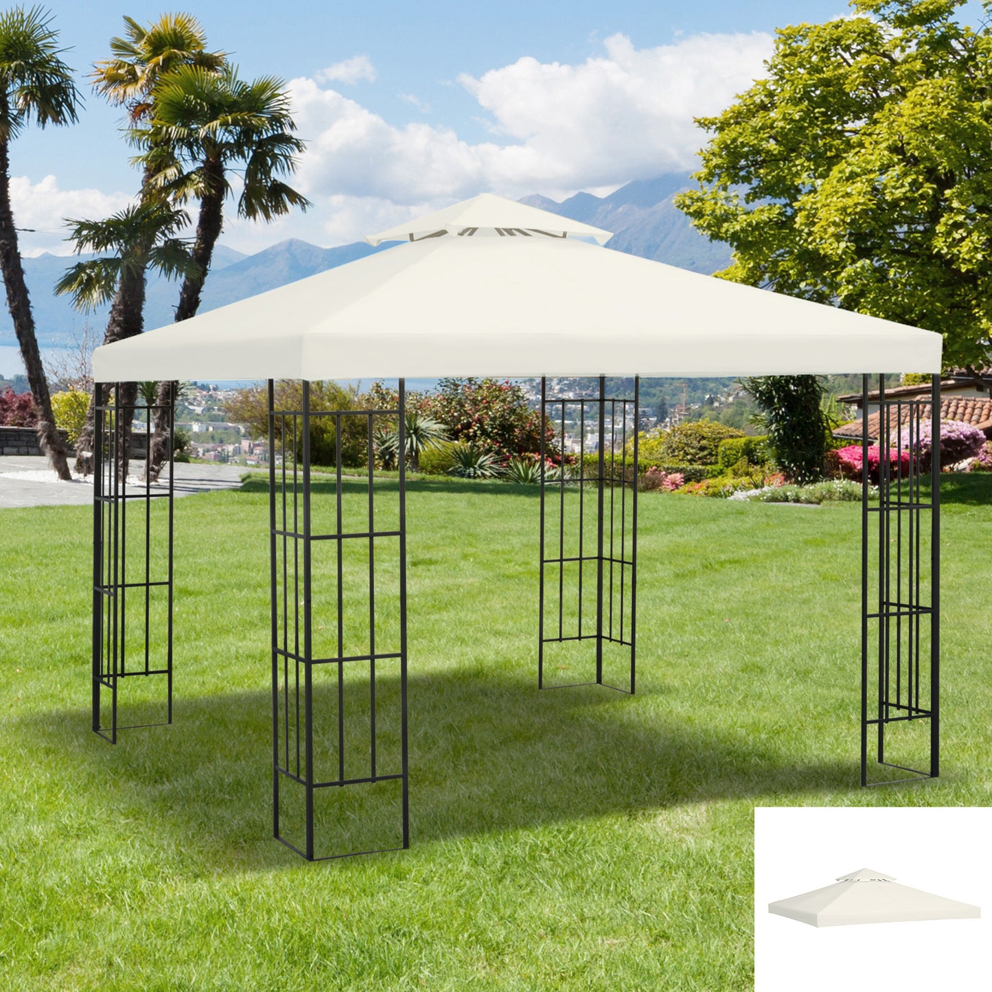 Outsunny 10' x 10' Square 2-Tier Gazebo Canopy Replacement Top Cover Outdoor Garden Sun Shade, Cream White