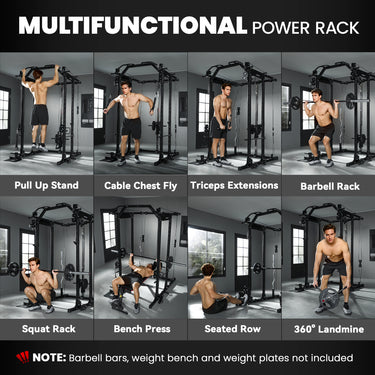 Soozier Multi-Functional Power Rack, Smith Machine Cable Crossover System with Pull Up Bar, Lat-Pull Down System, Landmine