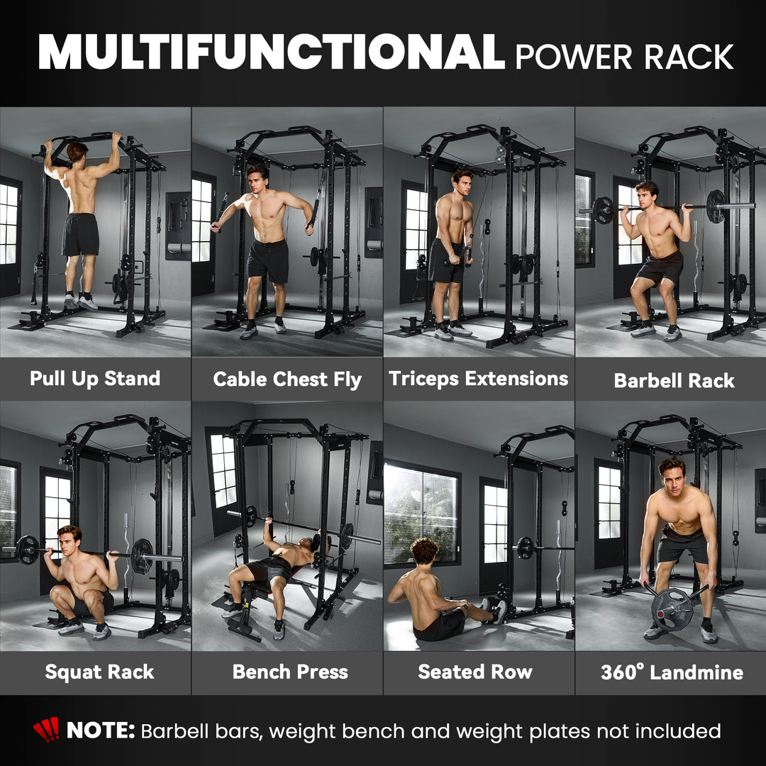 Soozier Multi-Functional Power Rack, Smith Machine Cable Crossover System with Pull Up Bar, Lat-Pull Down System, Landmine