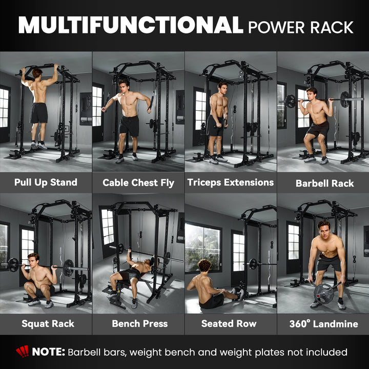 Soozier Multi-Functional Power Rack, Smith Machine Cable Crossover System with Pull Up Bar, Lat-Pull Down System, Landmine