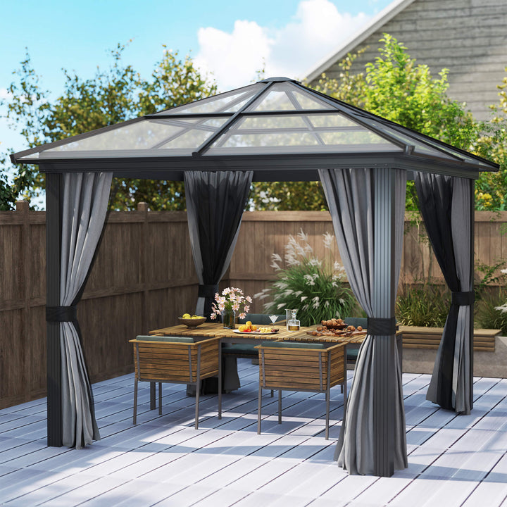 Outsunny 10x10ft Hardtop Gazebo with Aluminum Frame, Polycarbonate Gazebo Canopy with Curtains and Netting