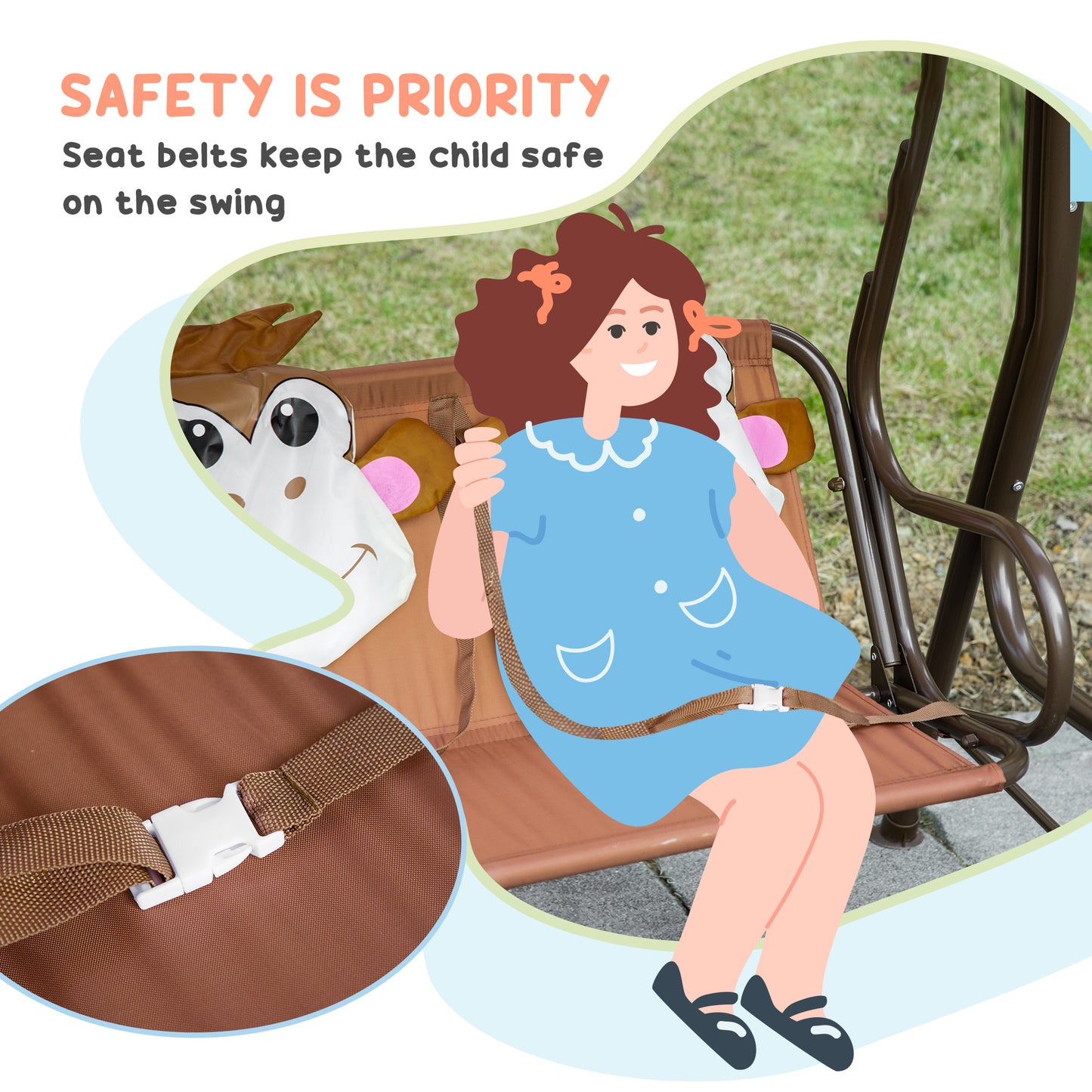 Outsunny 2-Seat Kids Porch Swing Chair, Children Outdoor Patio Furniture Lounge Chair for Garden, with Adjustable Canopy, Seat Belt, Monkey Pattern, for 3-6 Years Old, Coffee