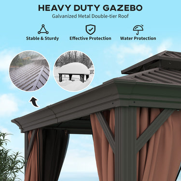 Outsunny 10' x 12' Outdoor Hardtop Gazebo with Galvanized Canopy & Netting Sidewalls for Lawn, Backyard, Dark Brown