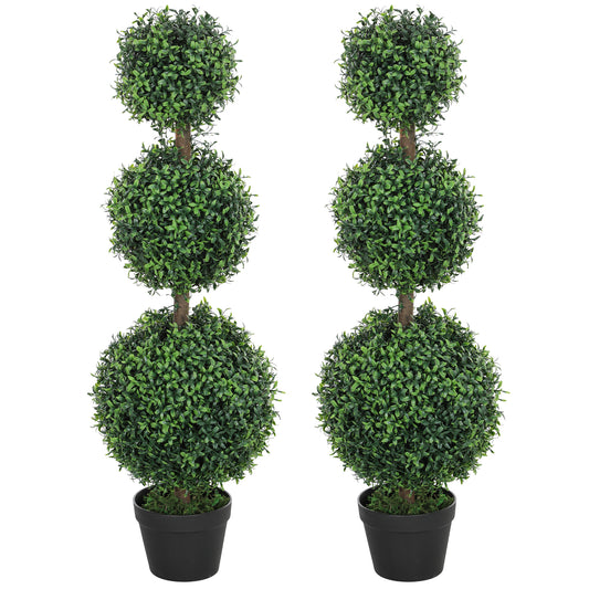 HOMCOM 2 Pack 40" Artificial Trees, Boxwood Topiary Ball Trees with Pot for Indoor, Outdoor, Home Office, Living Room, Green