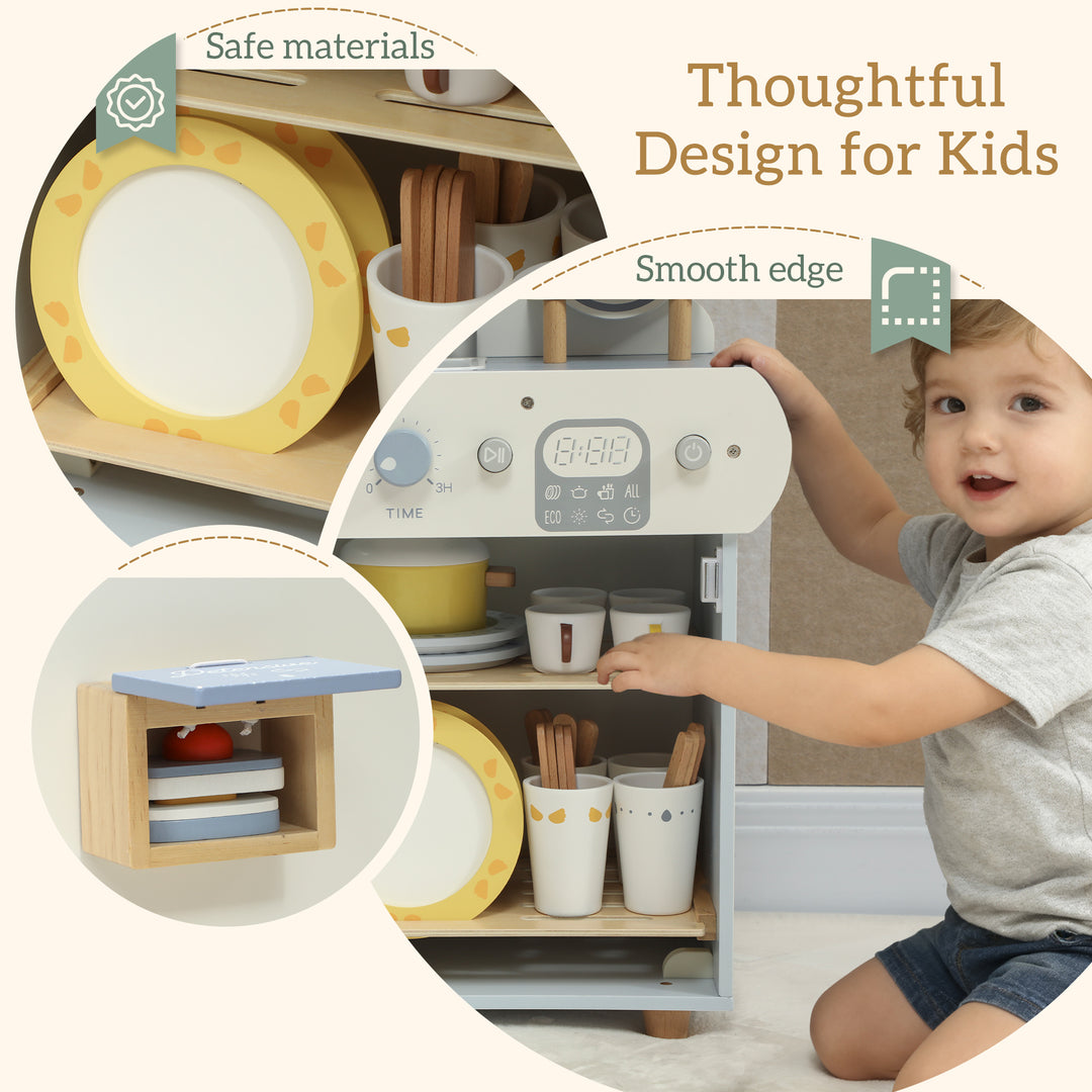 Qaba Wooden Dishwasher Playset, Play Sink Toys with Faucet, Turning Knobs and Accessories, Gift for Boys Girls Toddlers
