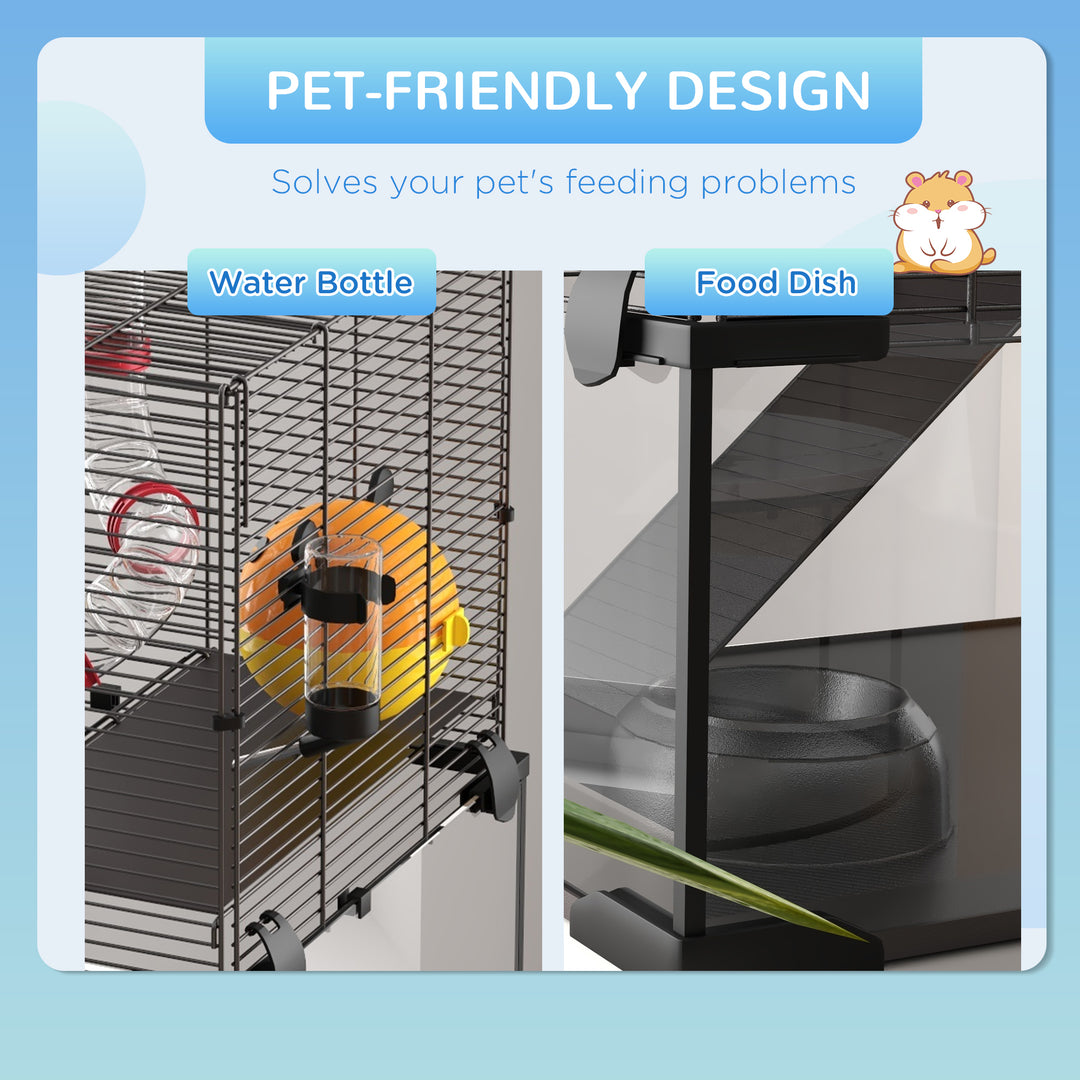 PawHut Hamster Cage with Deep Glass Bottom, Tunnel Tube System, Platforms, Hut, Exercise Wheel, Water Bottle, 24" x 16" x 22"