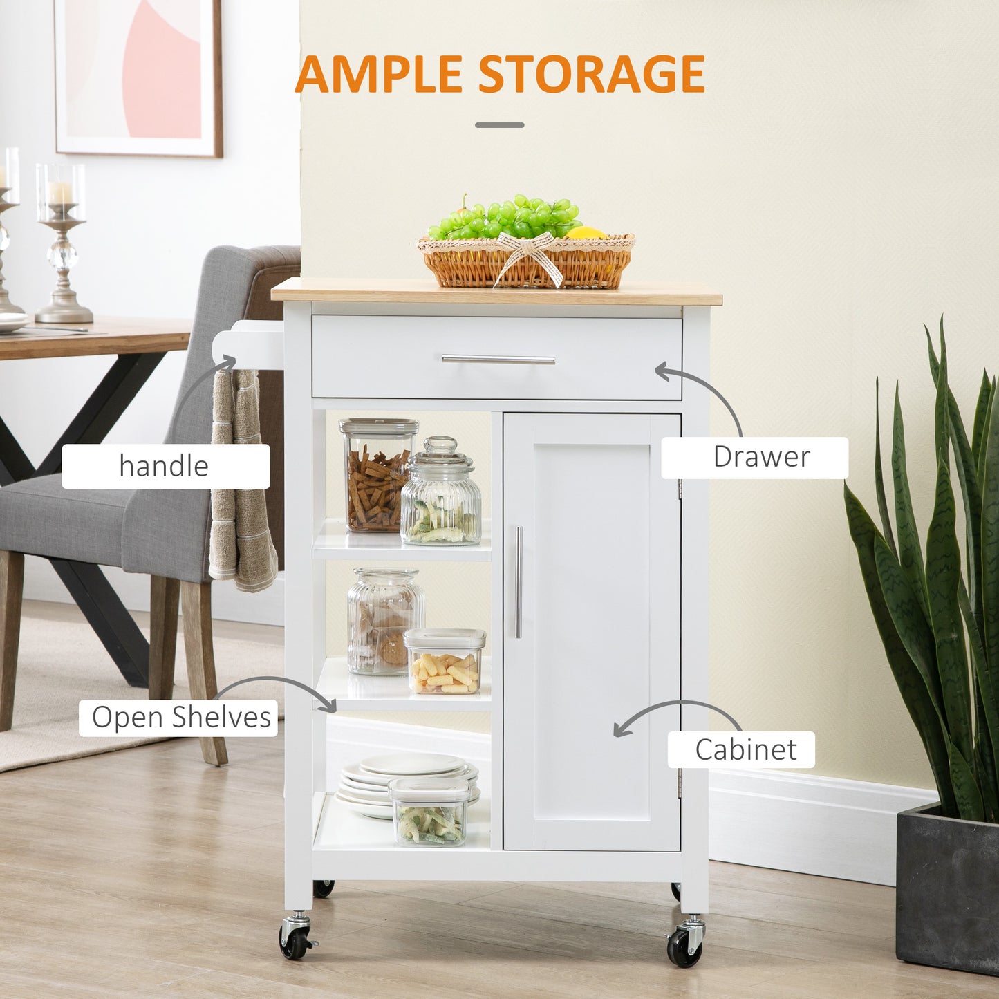 HOMCOM Kitchen Island, Compact Kitchen Cart on Wheels with Open Shelf & Storage Drawer for Dining Room, Kitchen, Black
