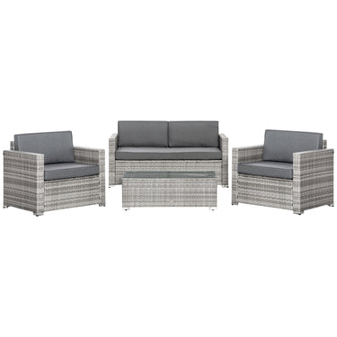 Outsunny 4 Pieces Patio Wicker Sofa Set, Outdoor PE Rattan Extra Wide Seat Conversation Furniture w/ Tempered Glass Table-top & Thick Padded Cushion for Garden, Backyard, Lawn, Mixed Grey