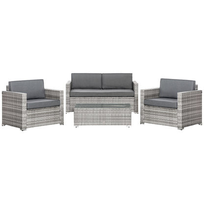 Outsunny 4 Pieces Patio Wicker Sofa Set, Outdoor PE Rattan Extra Wide Seat Conversation Furniture w/ Tempered Glass Table-top & Thick Padded Cushion for Garden, Backyard, Lawn, Mixed Grey